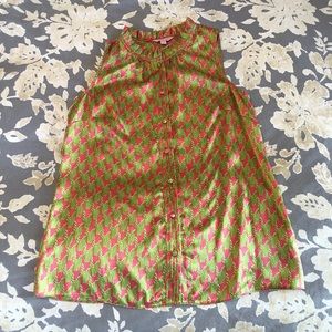 Pink & green silk blouse with ruffle collar